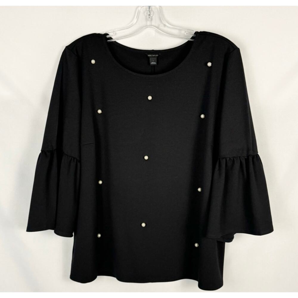 Womens Ann Taylor Black Pearl Embellished Top Size L Career Classic Church Comfy
